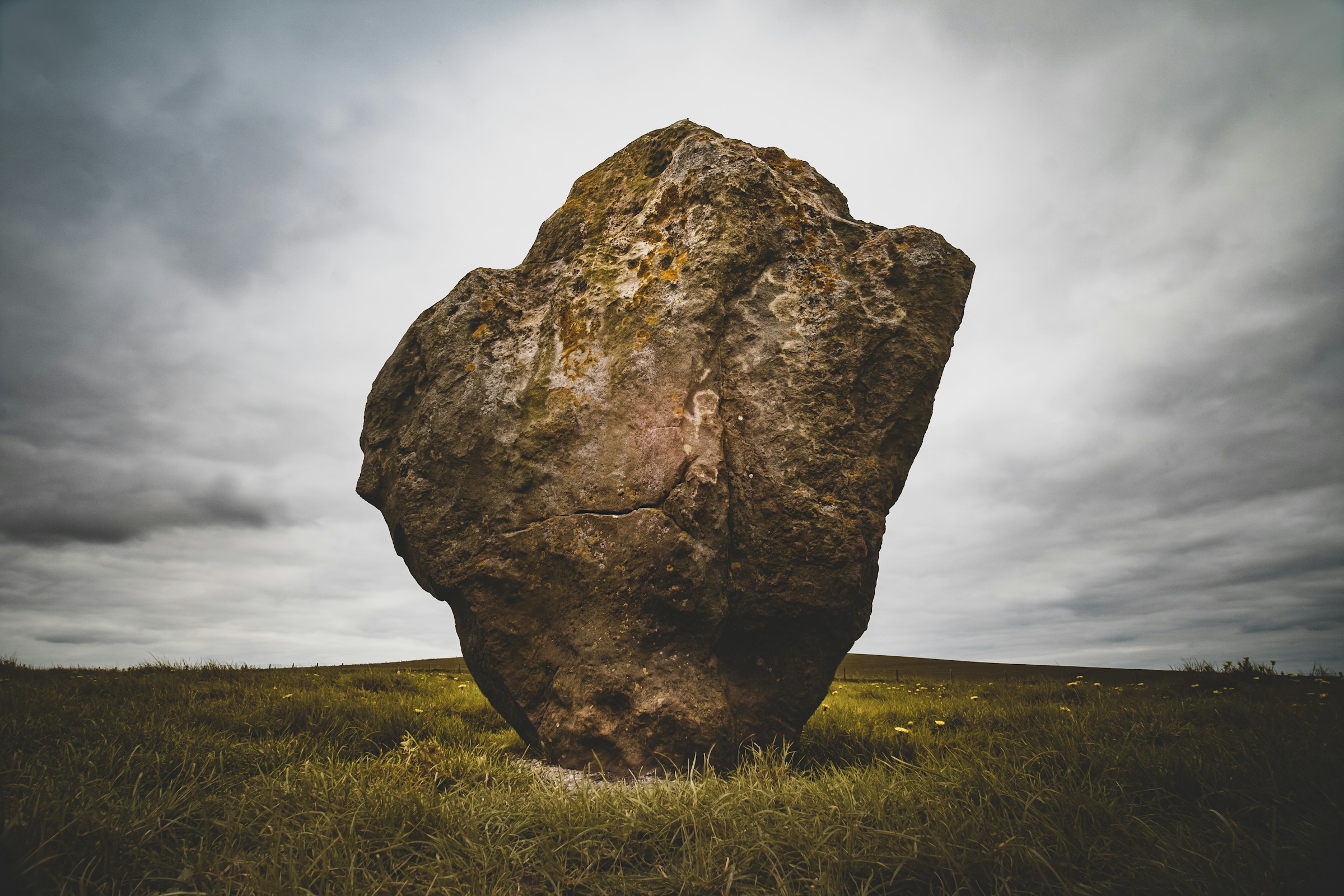 One of the sarsen stones of the Avebury circle rising from green grass